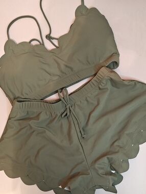Scalloped Edge Olive Green Bikini Set